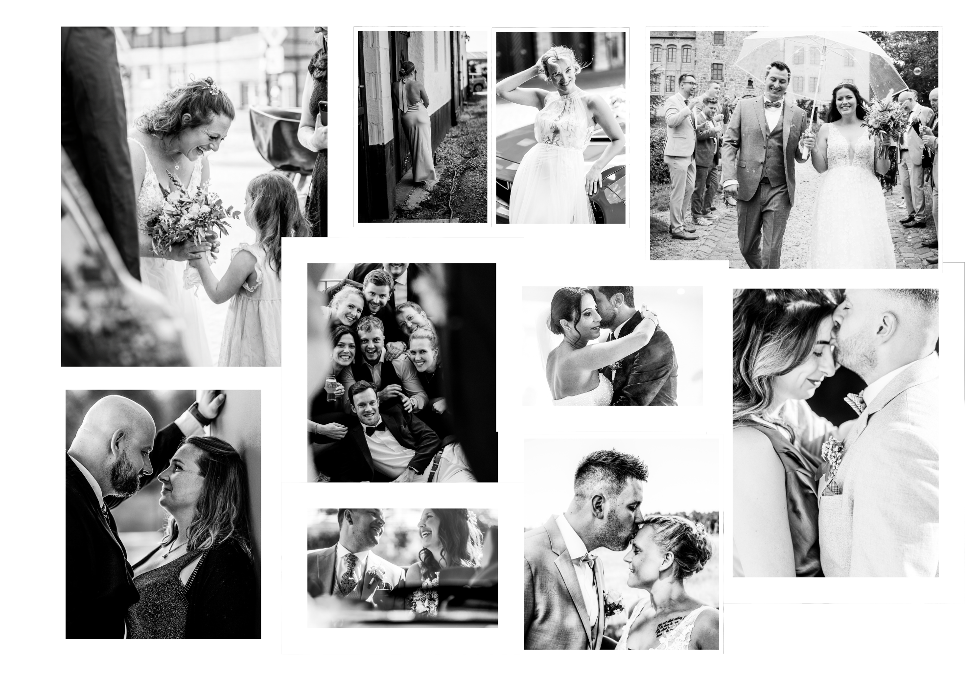 Eine Collage aus Hochzeitsfotos in Schwarz-Weiß, die emotionale Momente festhält.
